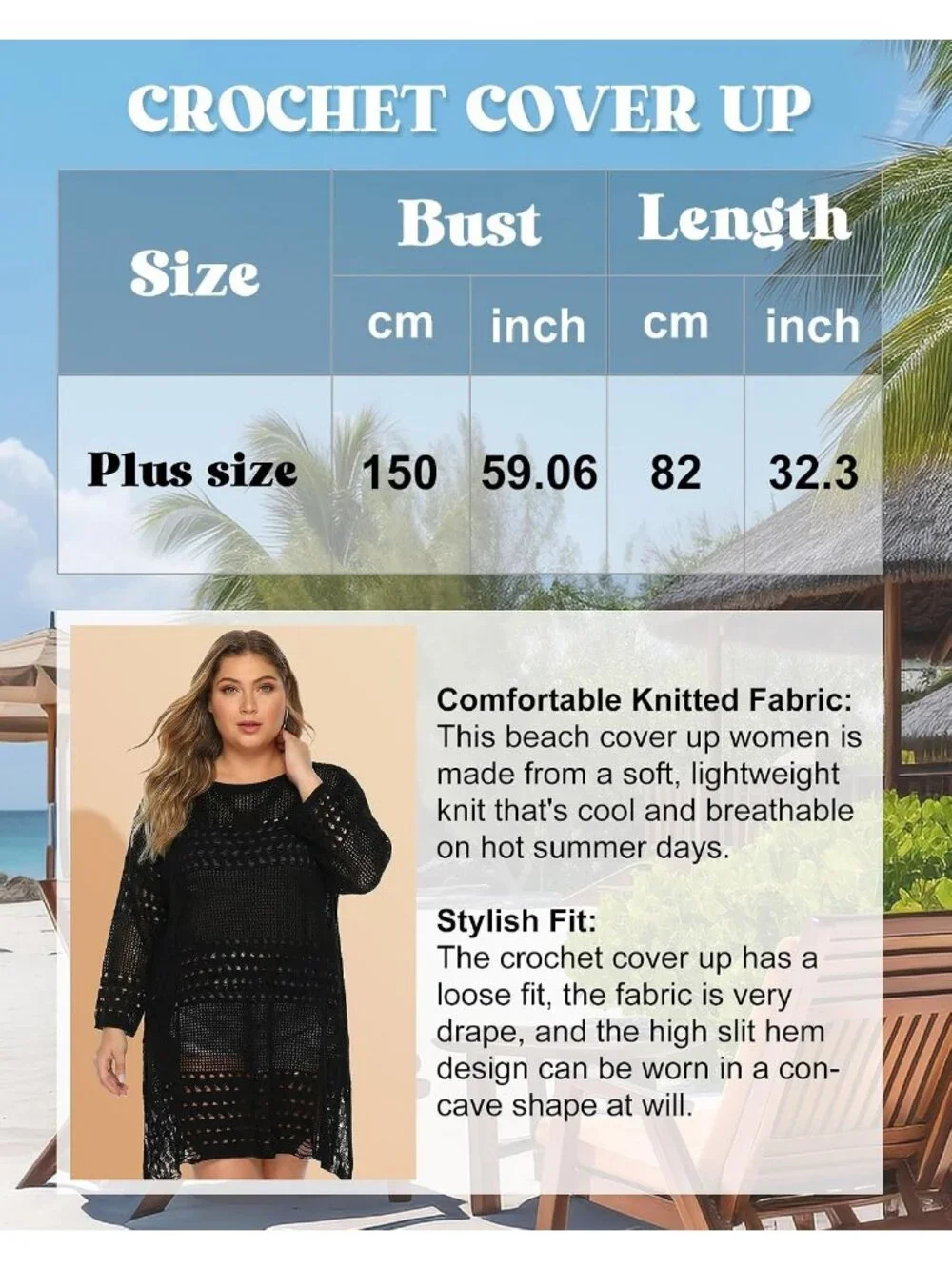 Women's Long Sleeve Dull Black Polyester Crochet Summer Swimsuit Coverup Dress